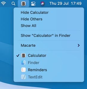 Image of Macarte with hidden apps dimmed in the menu (Close-up)