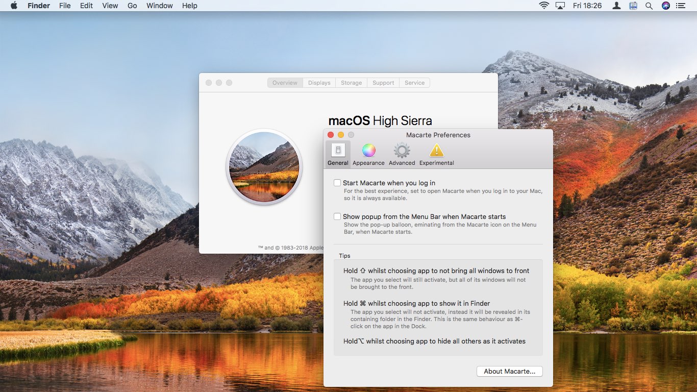 Macarte running on Mac OS X High Sierra