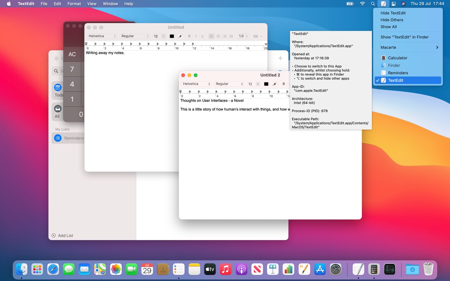 Image of the macOS Desktop with Macarte's menu showing a Tooltip of information about a running app