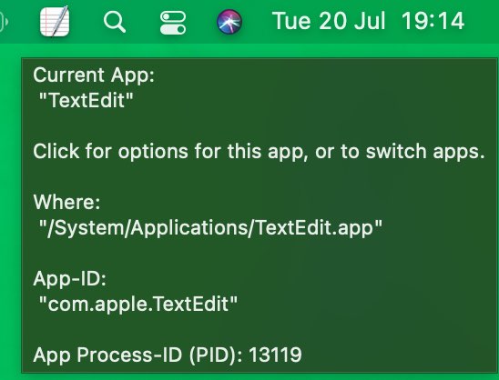 Image of Macarte in the Menu Bar showing a Tooltip of information about the active app