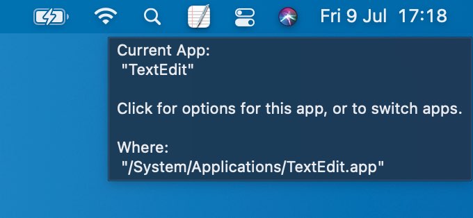 Image of Macarte in the Menu Bar showing a Tooltip of basic information about the active app